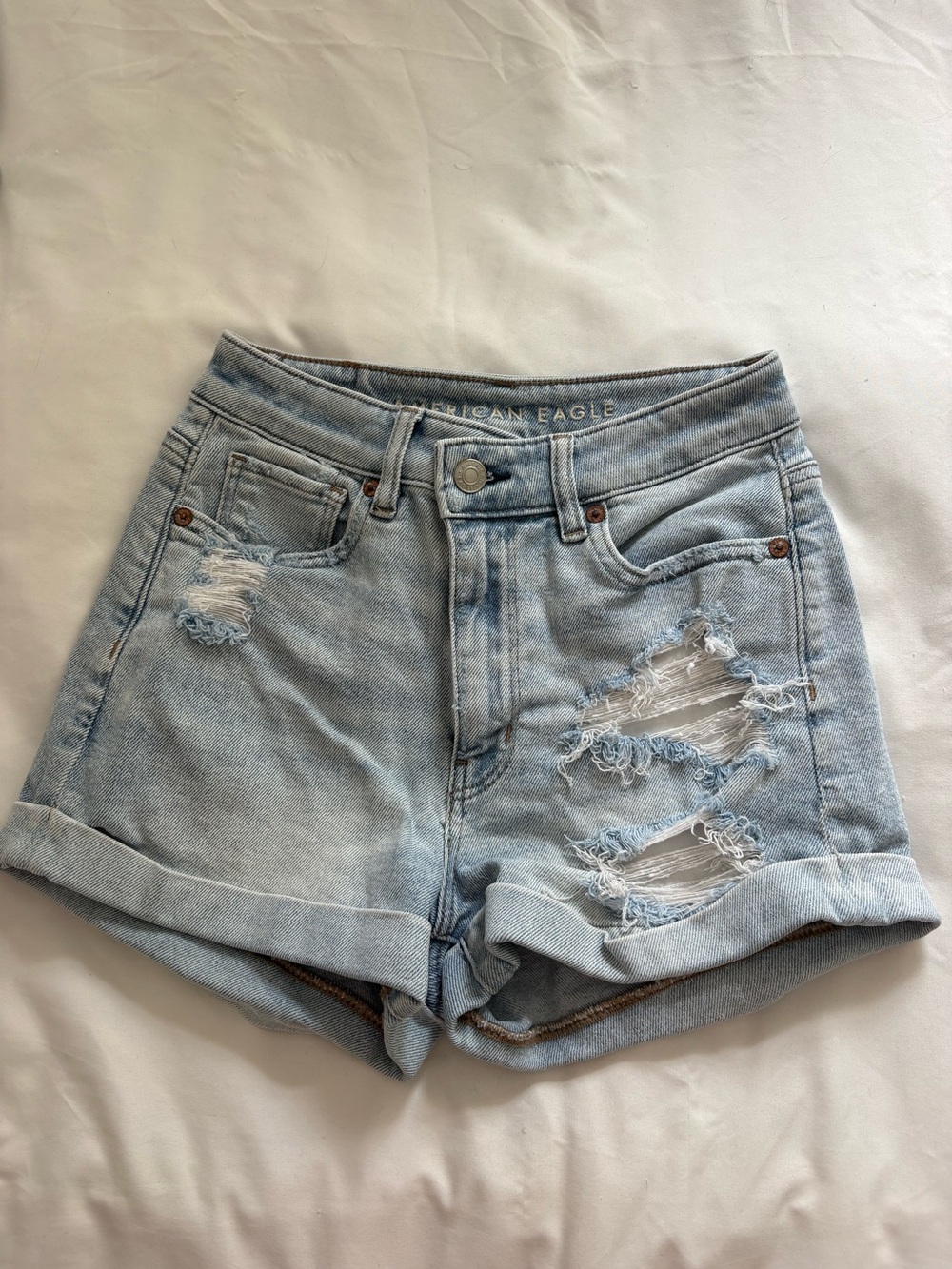 American Eagle Outfitters Light Blue Distressed Rolled-Hem Denim Shorts